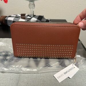 Couture Gems Studded Double Zip-Around Wallet - Brown With Wristlet Strap NWT
